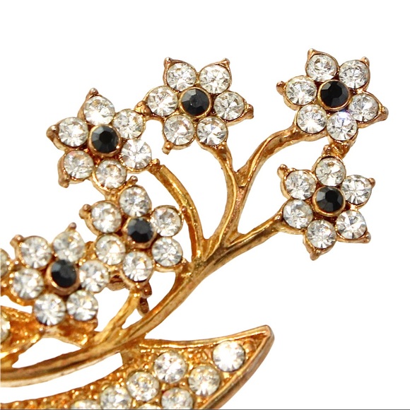 Vintage Rhinestone Flower Brooch Gold Tone Bouquet Clear Black Flowers Long Stem - Picture 3 of 4